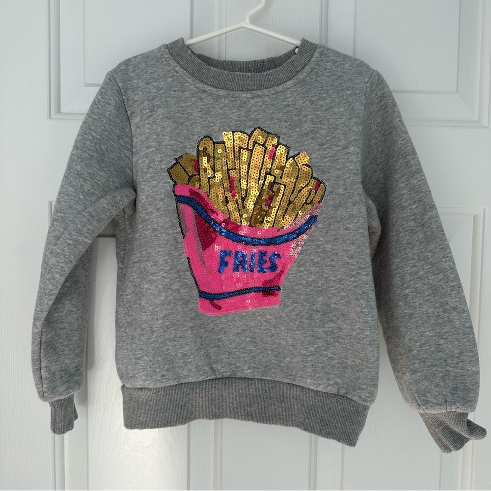 Lola + The Boys Gray Sweatshirt with Pink Sequin Fries and Gold Detail